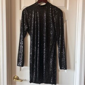 Abercrombie & Fitch Black Sequin Mock Neck Long Sleeve Dress, Cocktail